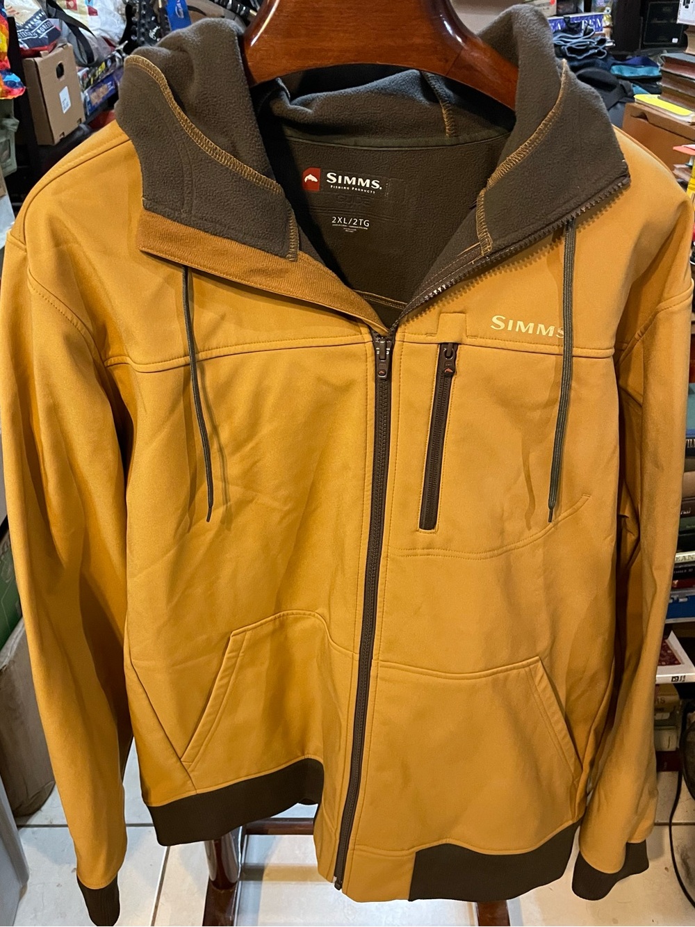 Simms Men's Hooded Jacket in Mustard Brown and Dark Brown Accents